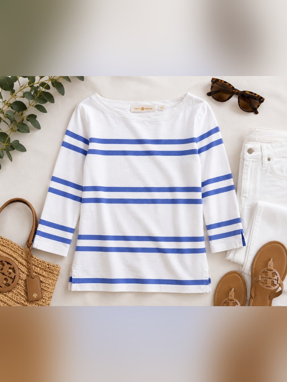 Tory Burch White & Periwinkle Blue Striped Boat Neck Top XS